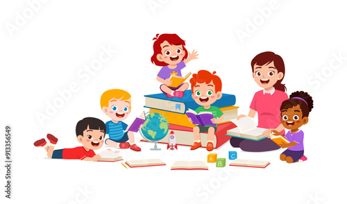 little kid read book together with friend and teacher