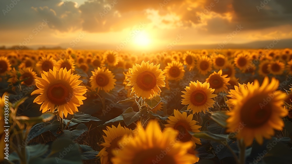 Fototapeta premium Captivating Golden Sunset Over Expansive Field of Vibrant Sunflowers