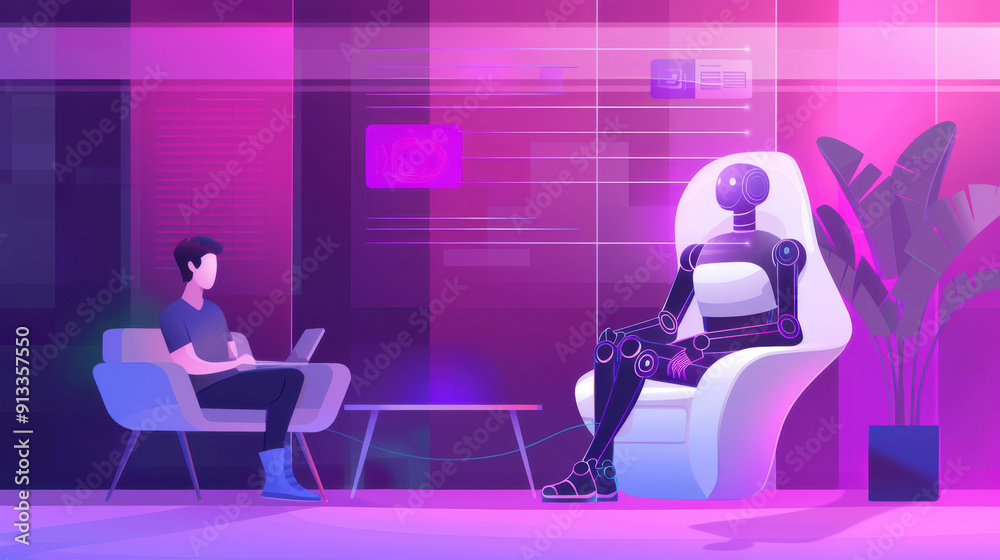 Virtual chat with AI: Man seeking answers from an intelligent artificial intelligence, futuristic smart assistant, Chatbot, ChatGPT Virtual chat with AI: Man seeking answers from an intelligent artificial intelligence, futuristic smart assistant, Chatbot, ChatGPT