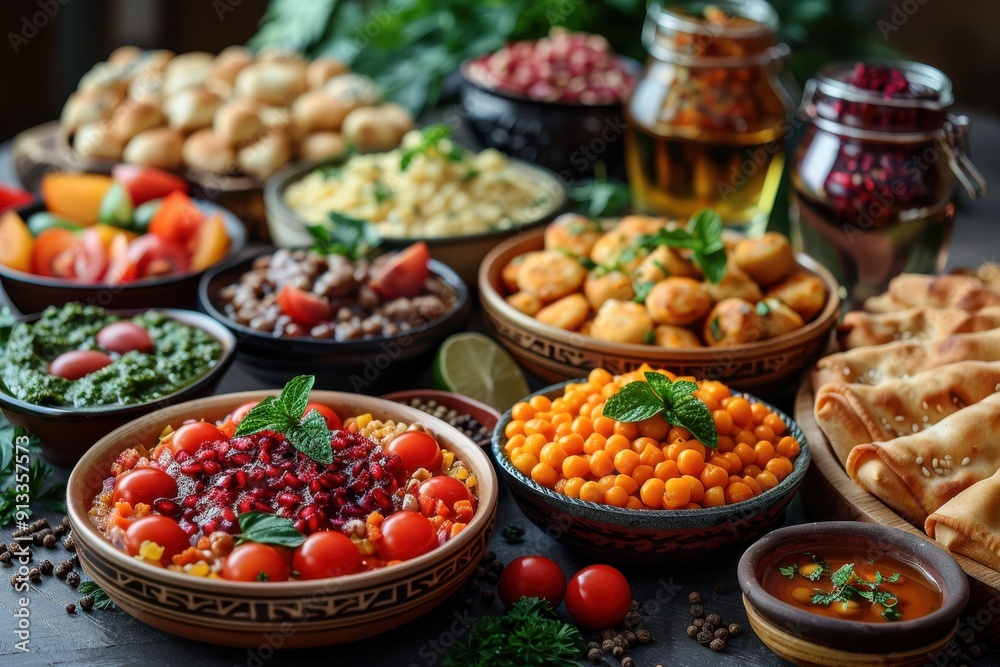 Colorful Spread of Vegetarian Dishes at a Festive Gathering Colorful Spread of Vegetarian Dishes at a Festive Gathering