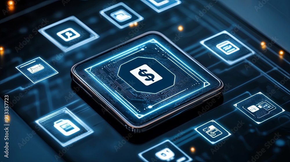 Digital wallet with recurring payments and currency icons, modern finance, e-commerce Digital wallet with recurring payments and currency icons, modern finance, e-commerce