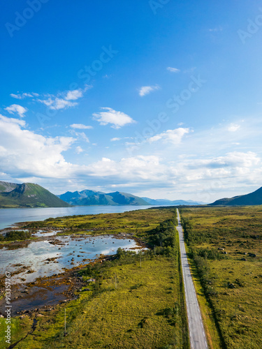 Andoy, or Andoya, landscape in Norway by drone. spectacular by coastal road by sea. Countryside scenery of Nordics in Nordland, Norway photo