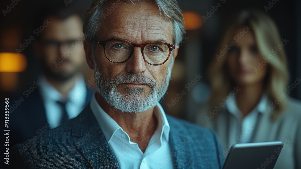 Fototapeta premium Busy mature old business executives stand in the office using digital tablets. Middle-aged professional businessman, company manager, wearing a suit, wearing glasses, holding a tablet computer, workin