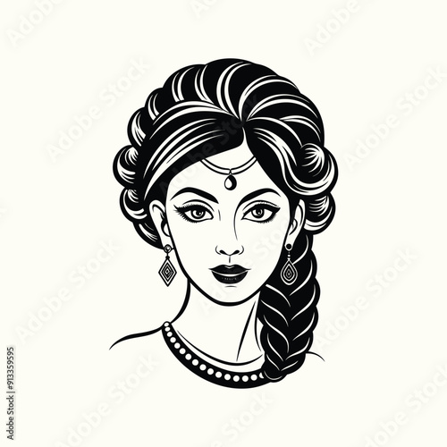 Illustration of a beautiful woman's face with long, flowing hair and captivating eyes, embodying glamour and artistic style