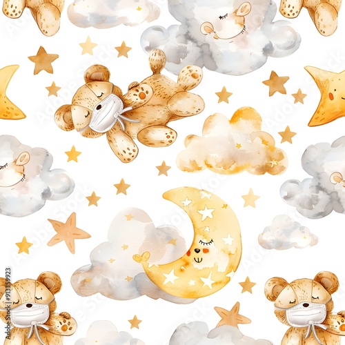 Cute Watercolor Seamless Pattern with Sleeping Teddy Bear, Moon and Stars