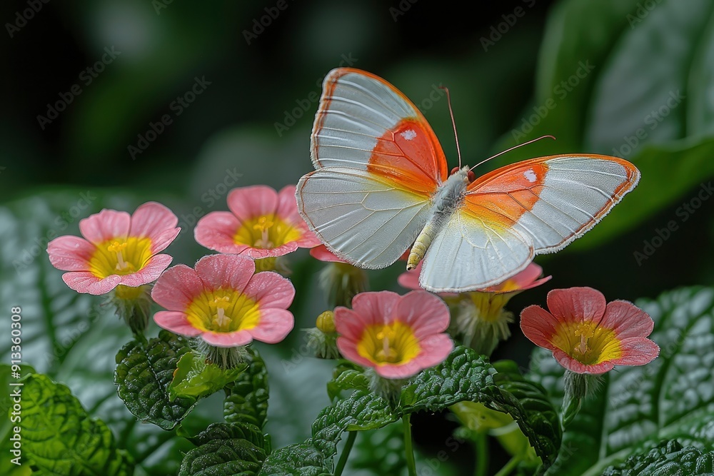 Butterfly on Flowers with White, Orange and Red Wings Butterfly on Flowers with White, Orange and Red Wings