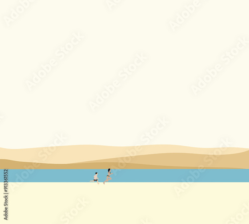 Kids running on the beach enjoy vacation on tropical island looking at sea. Happy family and vacation concept.	Minimal design. photo