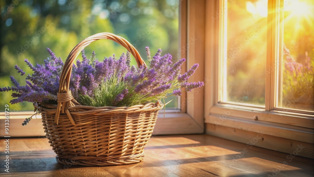 Fototapeta premium Sunlight streaming onto a basket of lavender by a window , lavender, basket, sun rays, sunlight, window, relaxing
