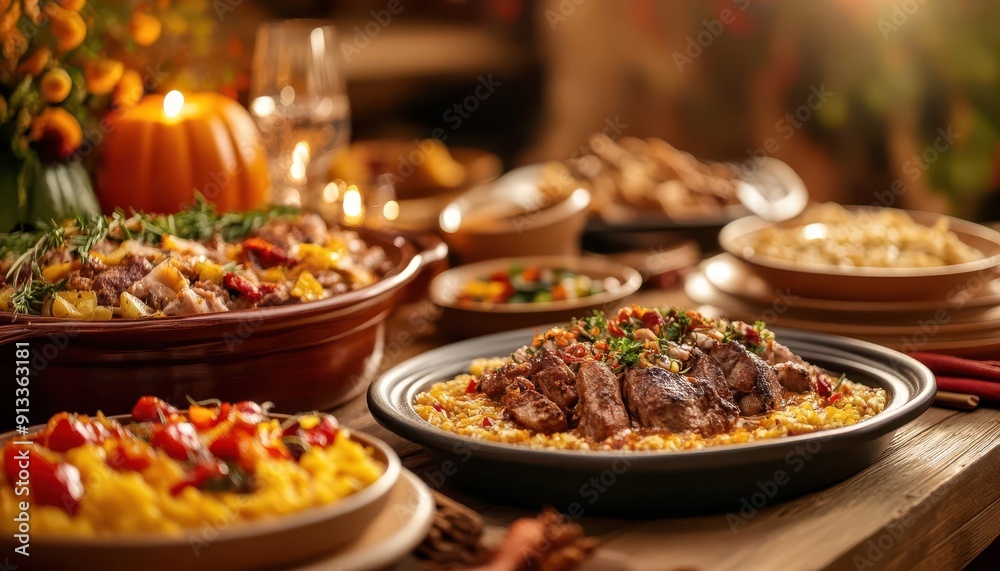 Fototapeta premium Harvest table, vibrant colors, delicious dishes, cozy setting, inviting