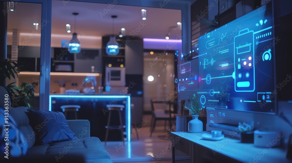 A modern living room with a television displaying a futuristic interface, illuminated by soft purple light. A modern living room with a television displaying a futuristic interface, illuminated by soft purple light.