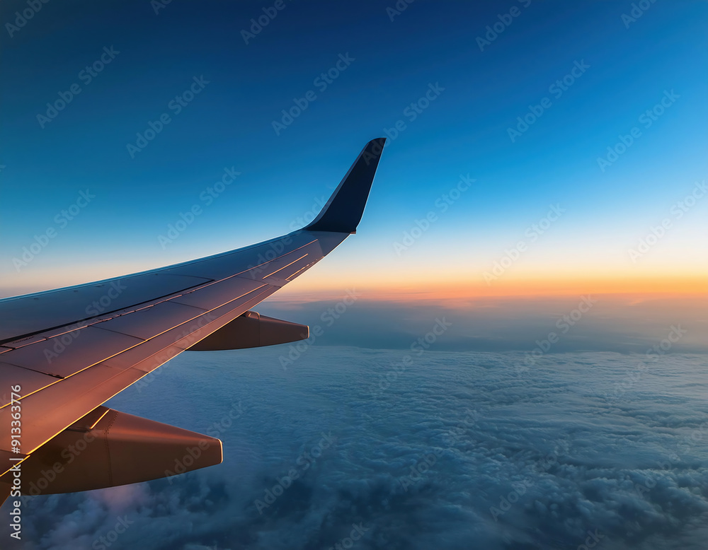 Obraz premium wing of airplane flying in cloudless evening sunset sky.