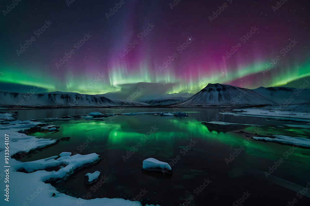 Ethereal Aurora Borealis Illuminates Icelandic Night Sky. Ethereal Aurora Borealis Illuminates Icelandic Night Sky.