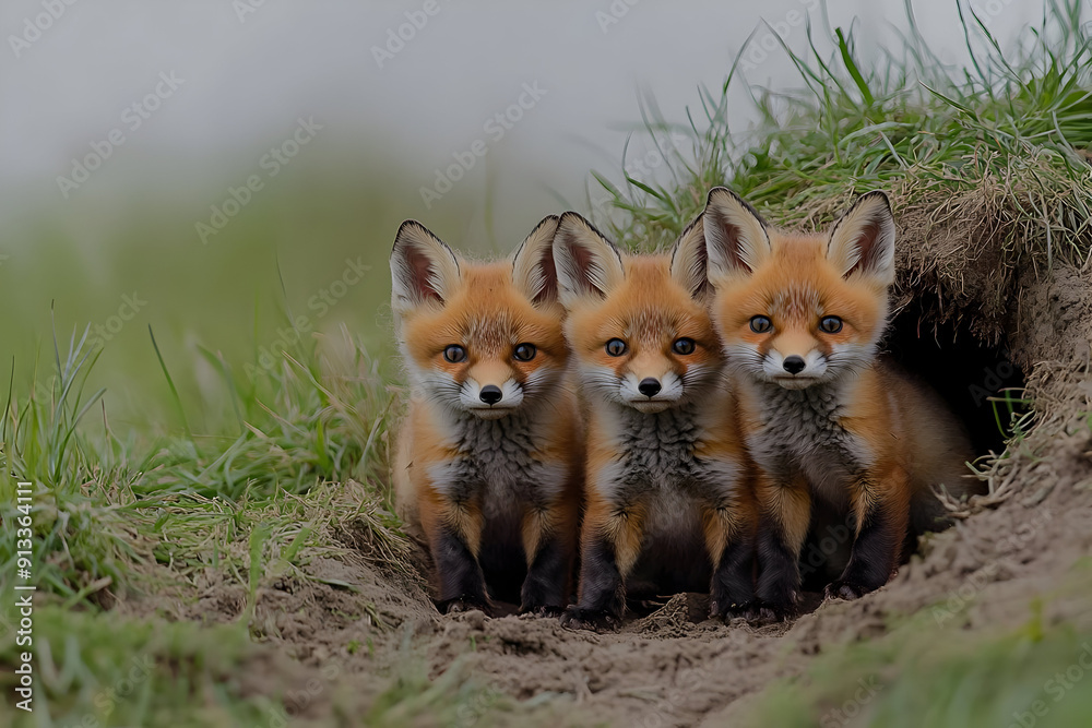Three adorable red foxes peek out from their den, showcasing their vibrant fur and curious expressions in a natural setting. Three adorable red foxes peek out from their den, showcasing their vibrant fur and curious expressions in a natural setting.