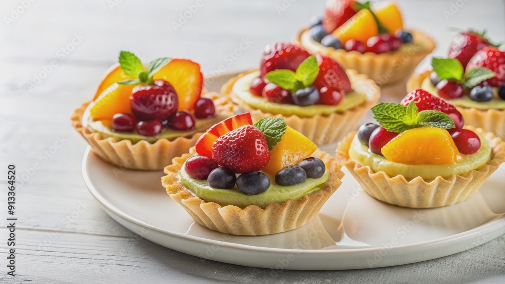 Close up of delicious fruit tartlettes on a white display plate , dessert, sweet, pastry, bakery, mini, colorful Close up of delicious fruit tartlettes on a white display plate , dessert, sweet, pastry, bakery, mini, colorful