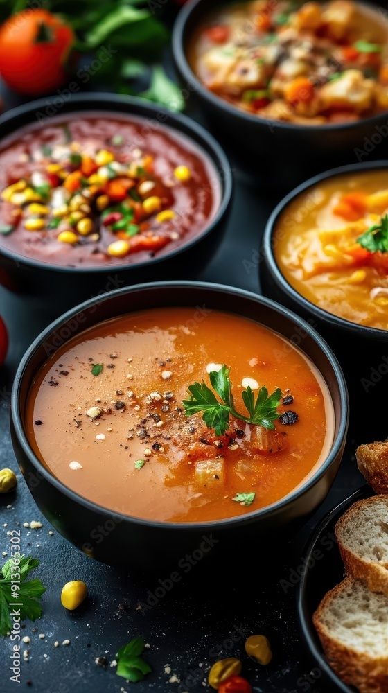 Seasonal soup, vibrant colors, delicious dishes, close-up, inviting Seasonal soup, vibrant colors, delicious dishes, close-up, inviting