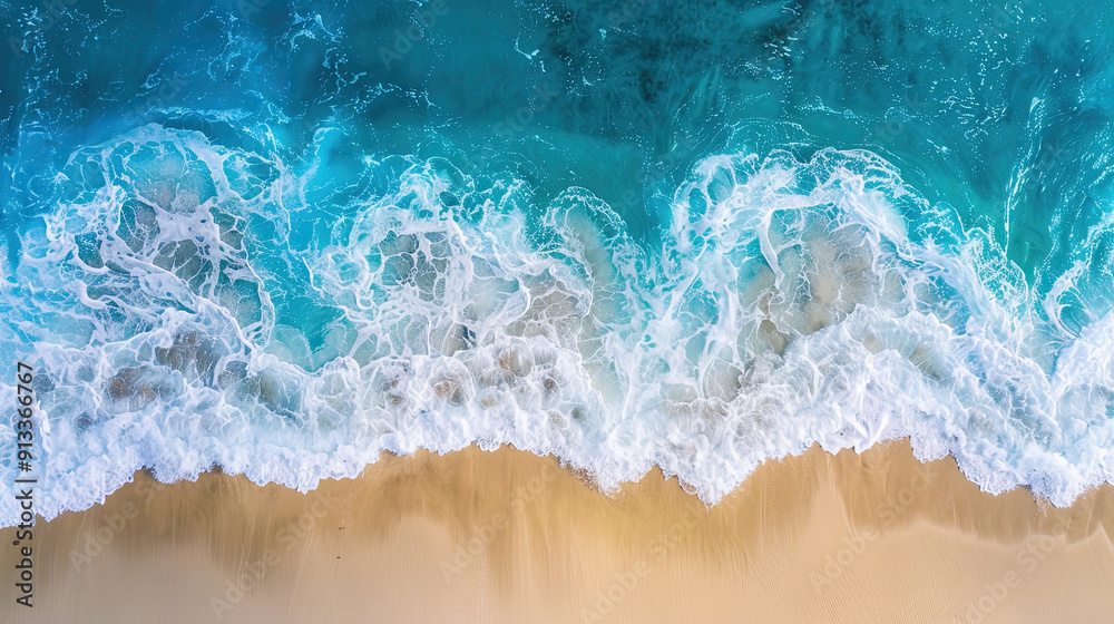 Aerial view of sandy beach and ocean nature with waves. Beach and waves from top view. Aerial view of sandy beach and ocean nature with waves. Beach and waves from top view.