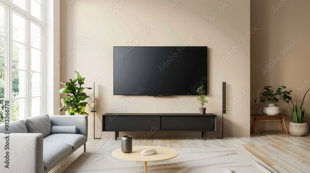 Empty living room mockup a TV wall mounted with sofa in living room with cream color wall- 3D rendering Empty living room mockup a TV wall mounted with sofa in living room with cream color wall- 3D rendering