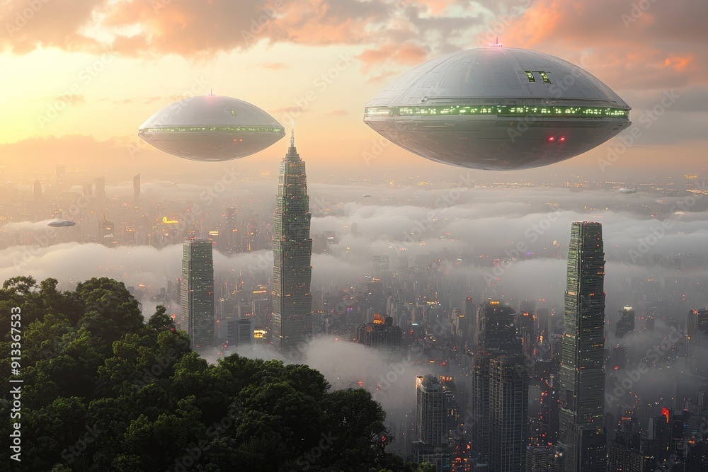 Futuristic Cityscape with Flying Saucers Futuristic Cityscape with Flying Saucers