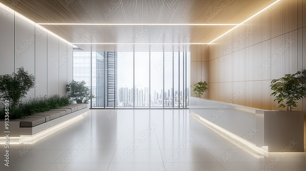 Modern office lobby interior, with white walls and a wood grain ceiling and light grey floor tiles Modern office lobby interior, with white walls and a wood grain ceiling and light grey floor tiles