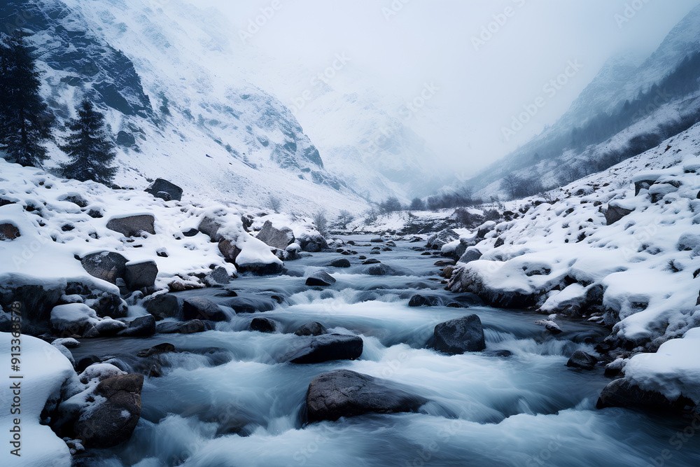 a fast-flowing river in a snowy hilly a fast-flowing river in a snowy hilly