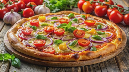 Colorful cheese pizza with onions, tomatoes, vegetables, and melted cheese, hot and crispy, cheese, pizza, onions