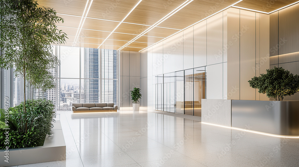 Modern office lobby interior, with white walls and a wood grain ceiling and light grey floor tiles Modern office lobby interior, with white walls and a wood grain ceiling and light grey floor tiles