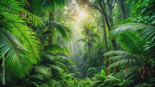 Lush tropical forest with vibrant green foliage , Jungle, rainforest, lush, vegetation, trees, plants, exotic