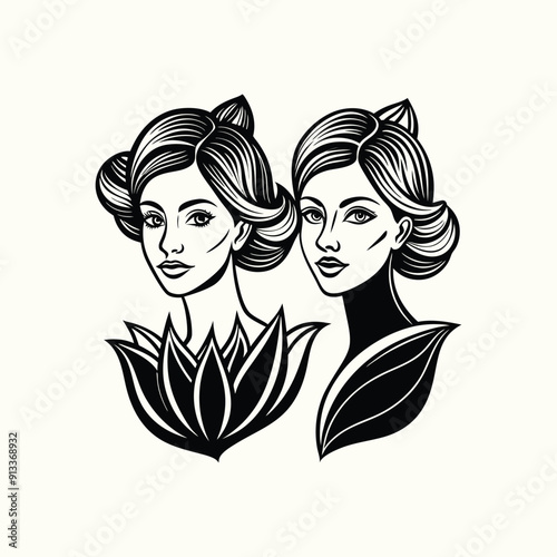 Vector illustration of a loving couple's silhouette with fashion elements, featuring their faces, hair, and a heart design