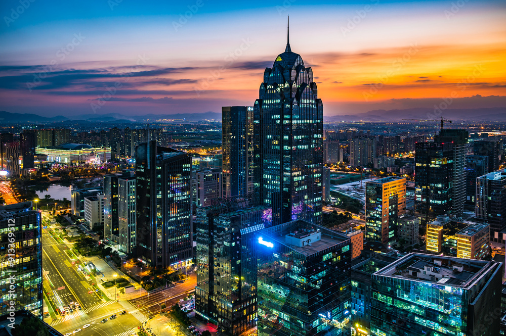 Obraz premium Ningbo city skyline at twilight, China