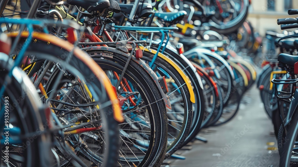 A close-up of a row of bicycles parked in a row, with the focus on the front wheel of a bike. The wheels are all black and have yellow stripes. The spokes are visible, and the tires are slightly worn. A close-up of a row of bicycles parked in a row, with the focus on the front wheel of a bike. The wheels are all black and have yellow stripes. The spokes are visible, and the tires are slightly worn.