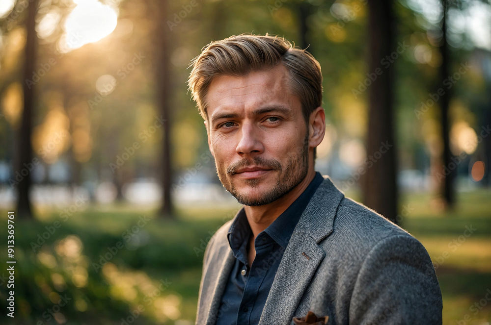Handsome 38 year old German man in a casual suit in the park Handsome 38 year old German man in a casual suit in the park