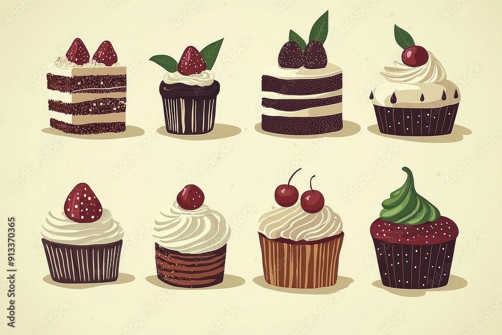 Set of 8 Delicious Cupcakes and Cakes with Berries Toppings Set of 8 Delicious Cupcakes and Cakes with Berries Toppings