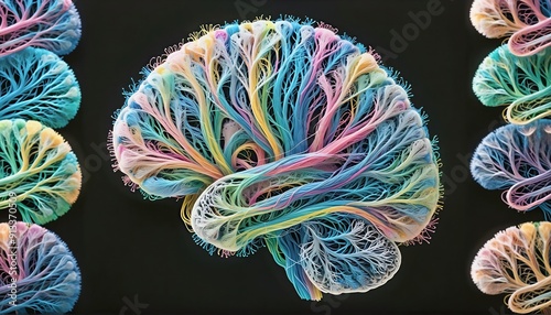 Tractografia del cerebro, donde se observan en tonos pastel todos los haces de fibras de cada uno de los hemisferios cerebrales. Colorido, apasionante, divertido. Neurociencias.  photo