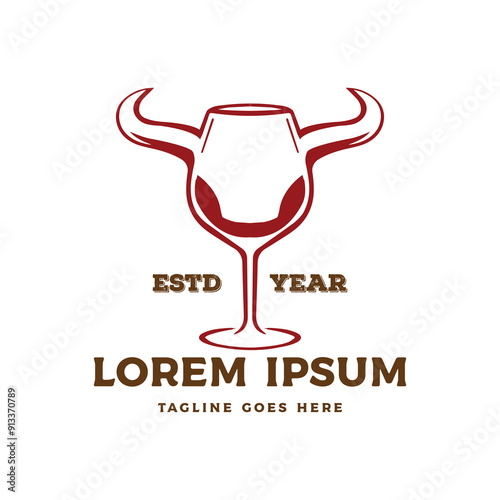 Vintage Wine Glass Goblet with Bull Buffalo or Texas Bison Horn Longhorn for Saloon Bar Icon Symbol Illustration