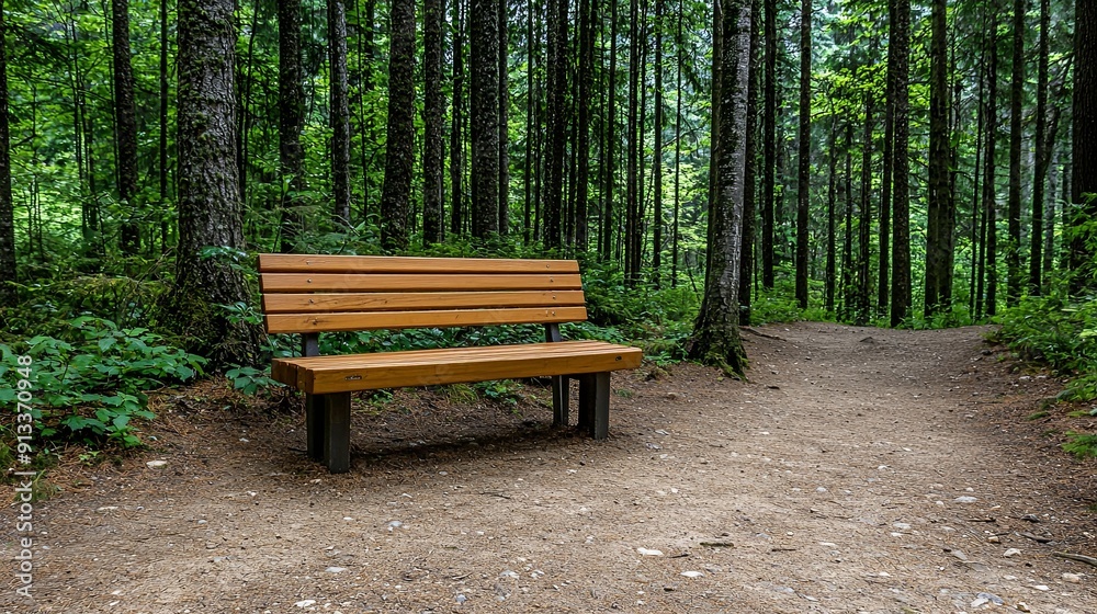 Natural timber bench in a peaceful evergreen forest, surrounded by tall trees and dappled sunlight Copy space Natural timber bench in a peaceful evergreen forest, surrounded by tall trees and dappled sunlight Copy space