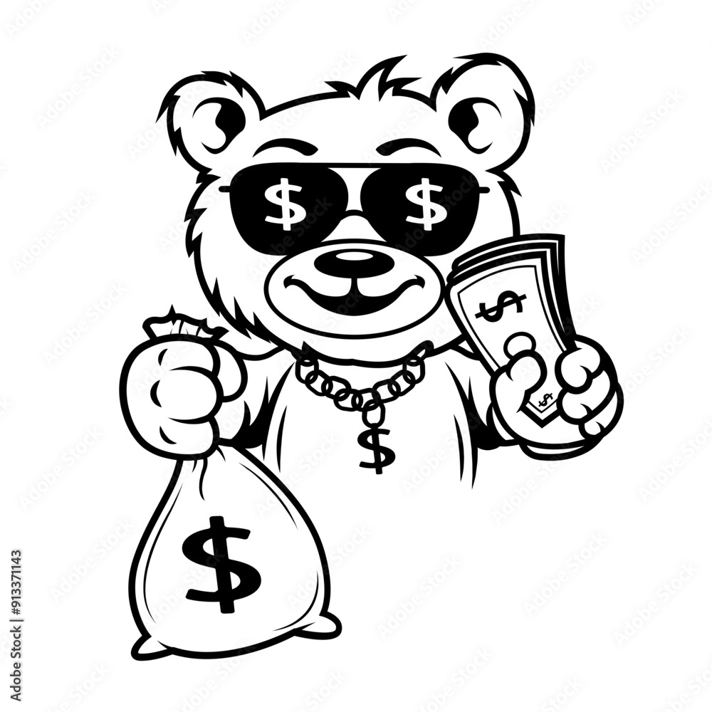 Obraz premium Rich Teddy | Teddy Bear | Dollar Teddy | Teddy w/Sunglasses | Money Bag | Millionaire Teddy Bear | USD Glasses | Teddy Gangster | Original Illustration | Vector and Clipart | Cutfile and Stencil