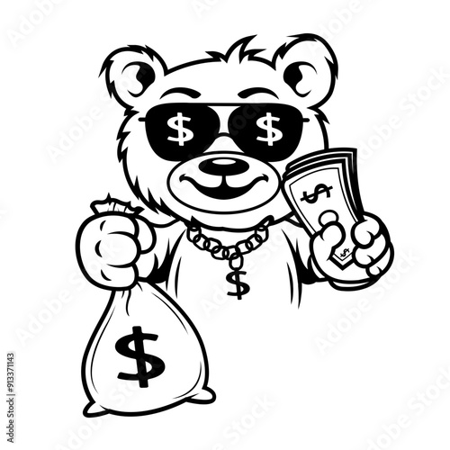 Rich Teddy | Teddy Bear | Dollar Teddy | Teddy w/Sunglasses | Money Bag | Millionaire Teddy Bear | USD Glasses | Teddy Gangster | Original Illustration | Vector and Clipart | Cutfile and Stencil