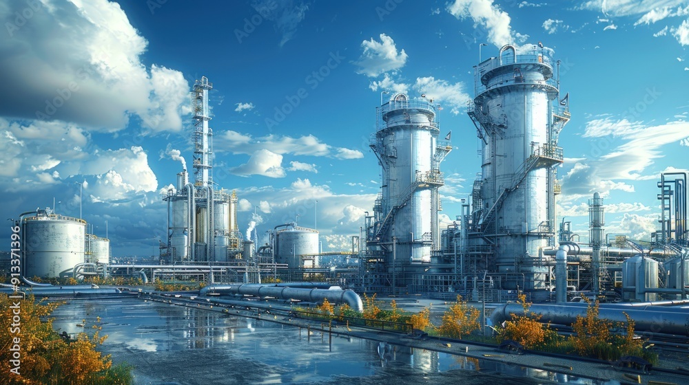 A large industrial complex with towering structures. A large industrial complex with towering structures.