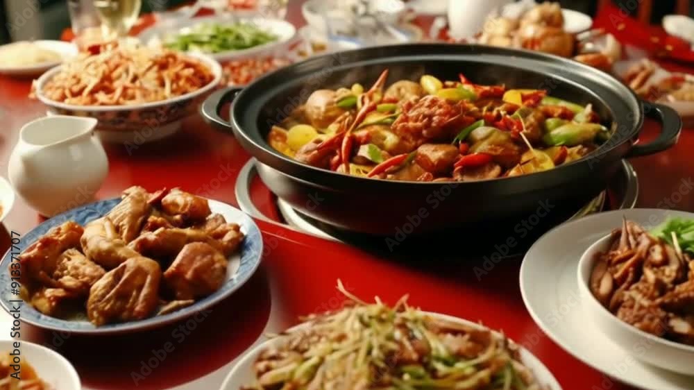 Table with food Family dinner in Chinese New Year High quality HD 4K video clips 
