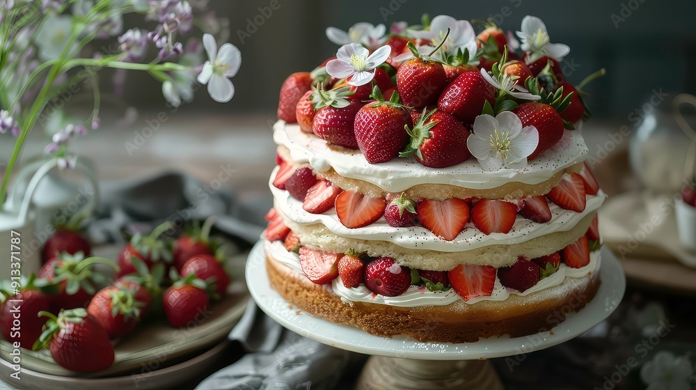 A beautiful strawberry cake with white flowers and whipped cream, with some strawberries in the background. A beautiful strawberry cake with white flowers and whipped cream, with some strawberries in the background.