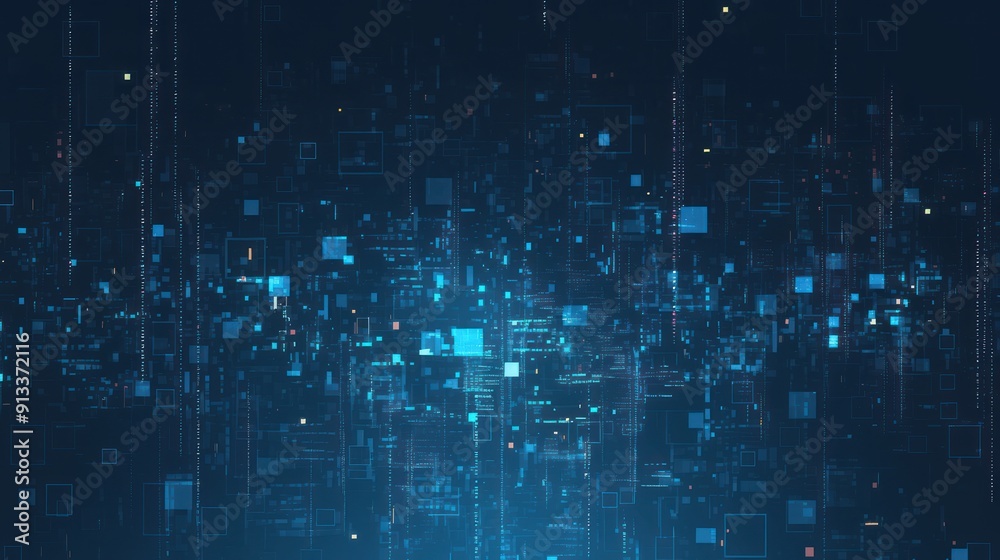 A digital background featuring blue binary code and data streams, creating a technology-inspired flowing flow for the visual. The dark color scheme adds depth to the overall composition