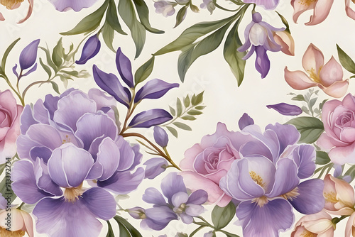 Dreamy Floral Romance, Wisteria, Lavender, and Roses, seamless pattern. 