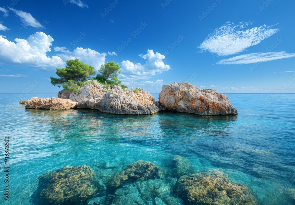 Obraz premium A serene scene of a rocky islet in calm ocean waters, surrounded by crystal clear water and a vibrant blue sky