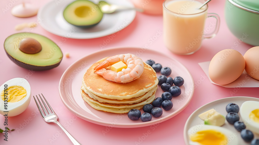 A beautifully presented brunch featuring pancakes, shrimp, avocado, blueberries, and a boiled egg A beautifully presented brunch featuring pancakes, shrimp, avocado, blueberries, and a boiled egg