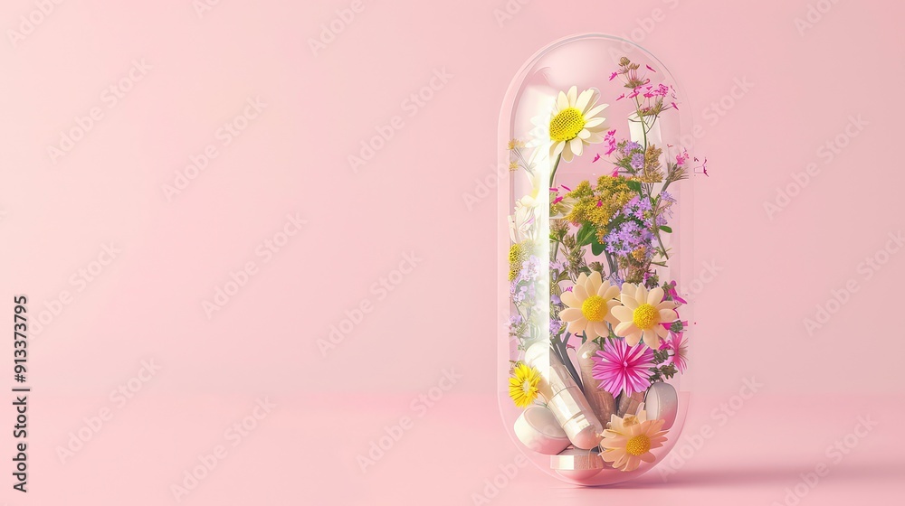 A large, clear pill capsule filled with vibrant wildflowers, including daisies, purple blossoms, and green leaves, against a pale pink backdrop. A large, clear pill capsule filled with vibrant wildflowers, including daisies, purple blossoms, and green leaves, against a pale pink backdrop.