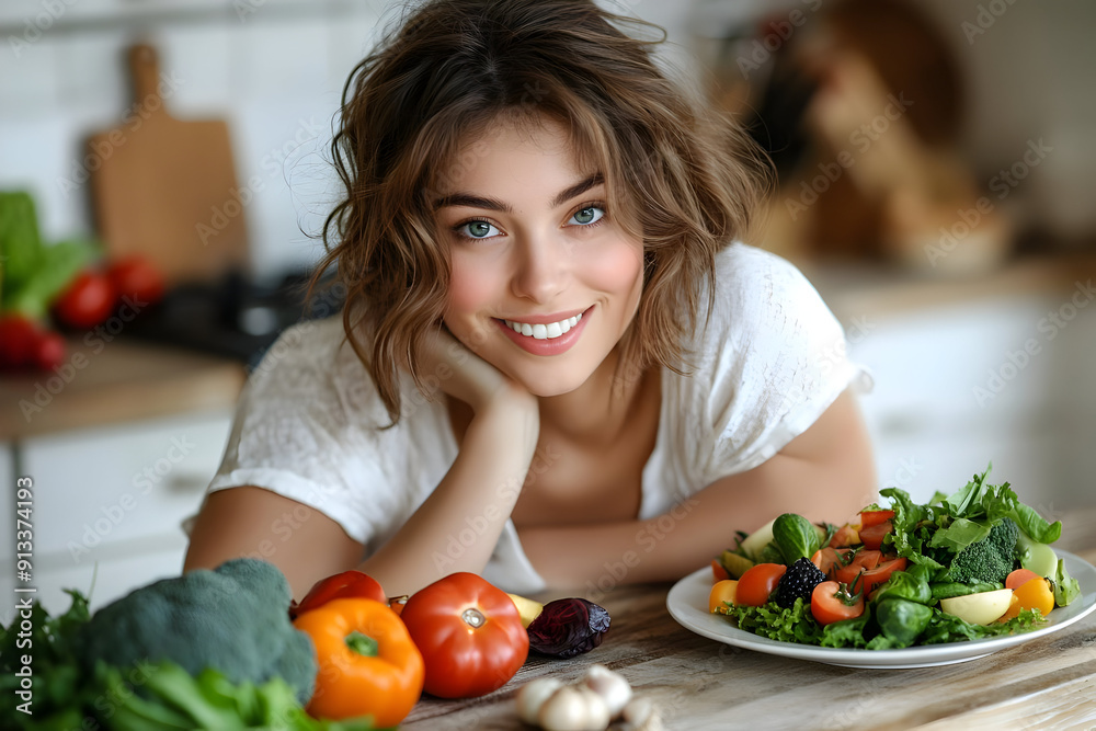 A cheerful woman enjoys preparing fresh vegetables and salad in a bright kitchen, promoting healthy eating and a vibrant lifestyle. A cheerful woman enjoys preparing fresh vegetables and salad in a bright kitchen, promoting healthy eating and a vibrant lifestyle.