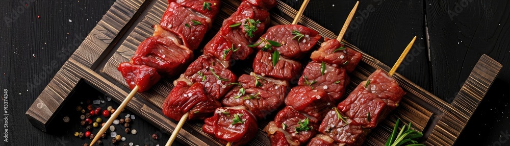 Sizzling skewers of marinated meat ready for grilling, garnished with herbs, perfect for a barbecue or festive gathering. Sizzling skewers of marinated meat ready for grilling, garnished with herbs, perfect for a barbecue or festive gathering.
