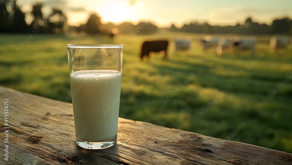 A fresh glass of milk sits on a wooden table with a vibrant green field and cows grazing in the background at sunset. A fresh glass of milk sits on a wooden table with a vibrant green field and cows grazing in the background at sunset.