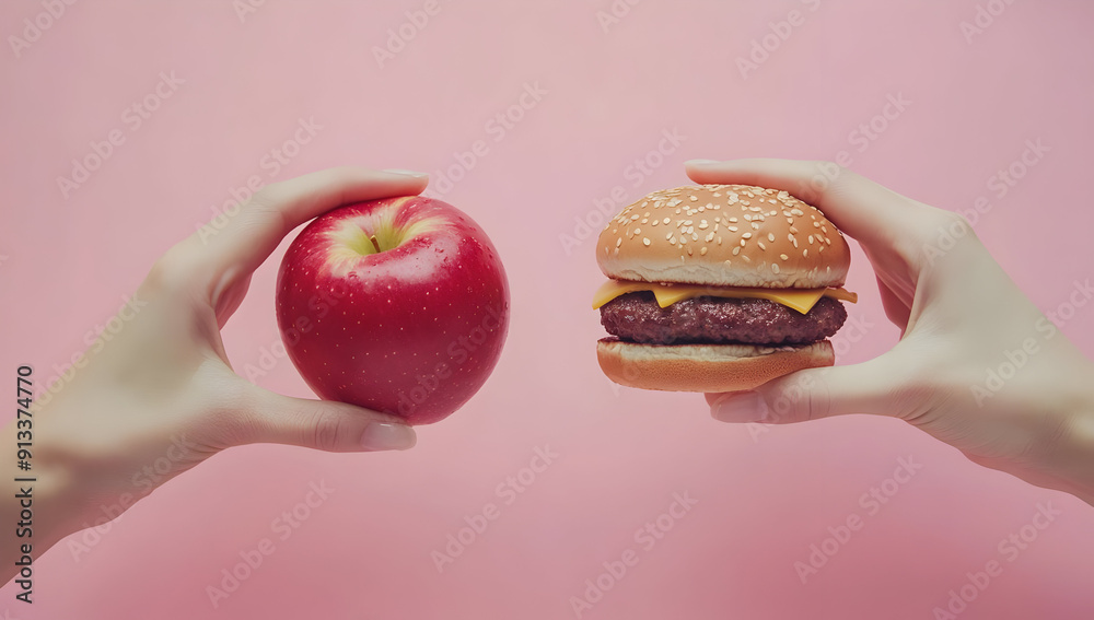 A hand holding a red apple contrasts with another holding a cheeseburger against a pink background, symbolizing health choices. A hand holding a red apple contrasts with another holding a cheeseburger against a pink background, symbolizing health choices.