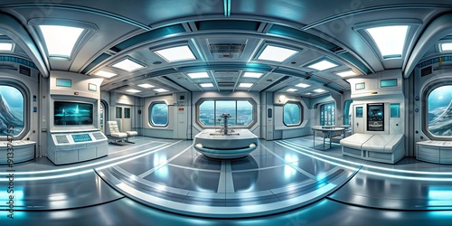 Futuristic technology space ship laboratory with 360-degree panorama view , sci-fi, modern, VR, render
